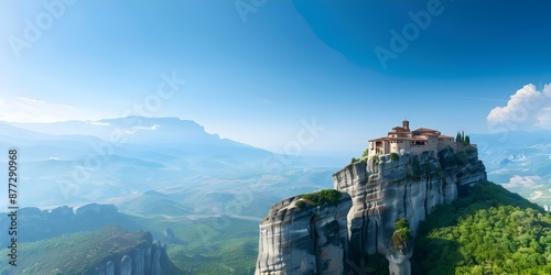 Dramatic rock formations in Thessaly with Holy Monastery of Great Meteoron. Concept Landscape Photography, Nature's Wonders, Architectural Marvels, Greece Travel, Religious Sites photo