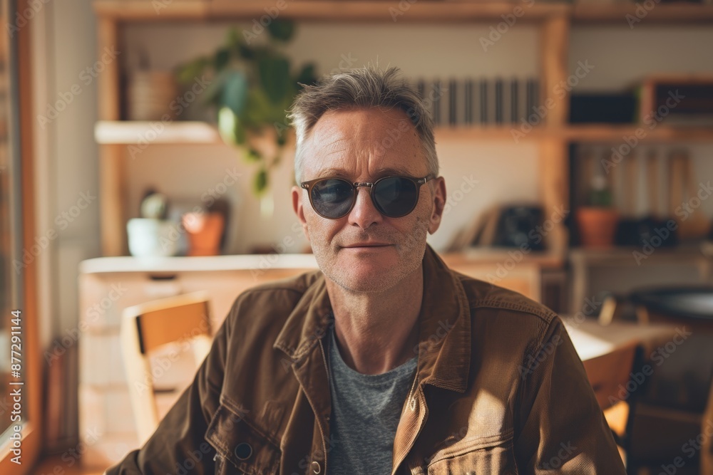 Portrait of a content caucasian man in his 60s wearing a trendy sunglasses on scandinavian-style interior background Portrait of a content caucasian man in his 60s wearing a trendy sunglasses on scandinavian-style interior background
