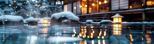 Serene Japanese onsen hot spring in winter photo