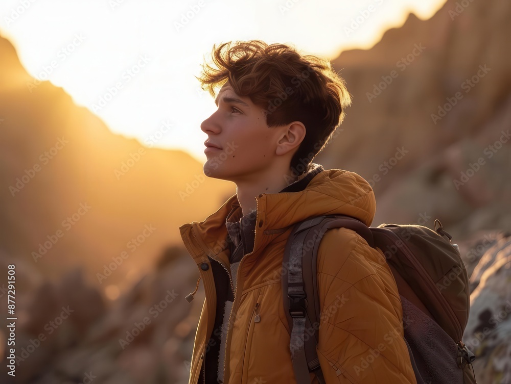 Naklejka premium adventurous portrait of young male hiker with backpack gazing at majestic mountain landscape golden hour lighting accentuates rugged terrain and sense of exploration and wonder