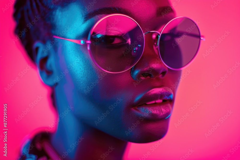 African American woman with neon glasses posing in a studio on a pink and blue background African American woman with neon glasses posing in a studio on a pink and blue background
