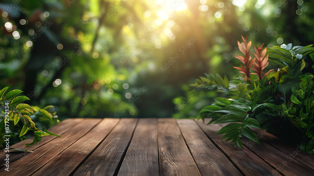 Empty wood table top with blur background of tropical jungle in summer green. The table giving copy space for placing advertising product on the table along with beautiful forest banner background.