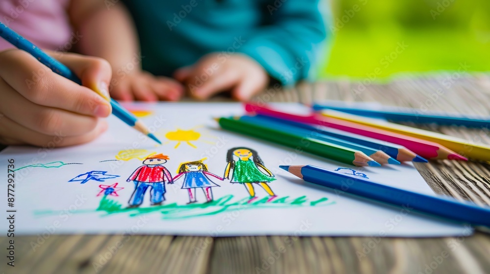 A child drawing a family with colored pencils. A child drawing a family with colored pencils.