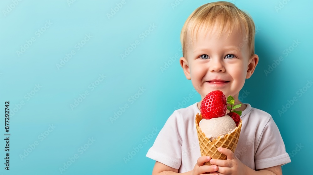 A young child is holding a strawberry ice cream cone. The child is smiling and he is enjoying the treat A young child is holding a strawberry ice cream cone. The child is smiling and he is enjoying the treat