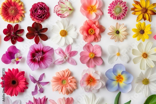 A detailed close up of different flower species arranged in neat rows, isolated against a white backdrop, bright and sharp imagery, showcasing petals and leaves with precision,