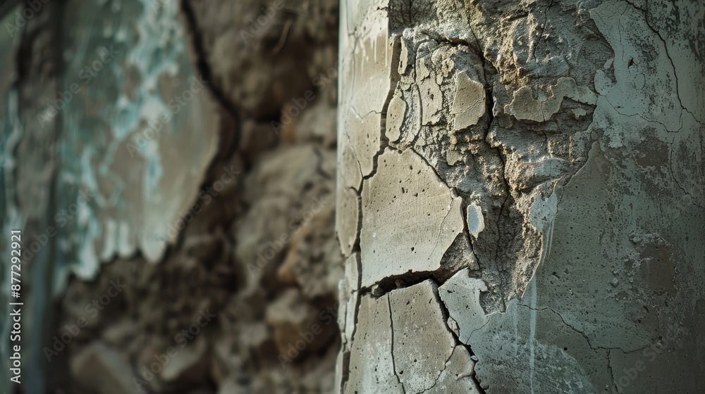 close up cracked concrete house pillar. House repair. Fix home problem close up cracked concrete house pillar. House repair. Fix home problem