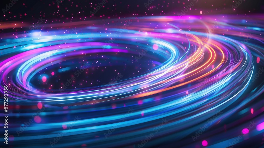 Abstract swirling neon lights in blue, pink and purple colors. Sparkling particles in the background. Abstract swirling neon lights in blue, pink and purple colors. Sparkling particles in the background.