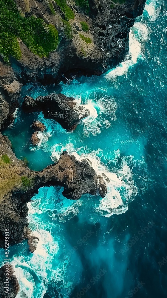 A beautiful aerial view of the ocean and cliffs.