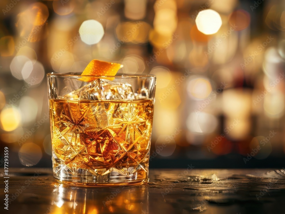atmospheric still life of a classic oldfashioned cocktail in a crystal glass garnished with an orange peel twist set on a dark wooden bar with soft bokeh of backlit bottles in the background atmospheric still life of a classic oldfashioned cocktail in a crystal glass garnished with an orange peel twist set on a dark wooden bar with soft bokeh of backlit bottles in the background