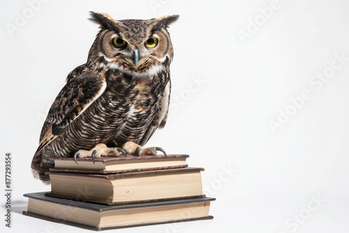 Wallpaper Mural An owl perched on a stack of books, symbolizing wisdom and knowledge. The owl's sharp gaze and attentive posture convey a sense of intelligence. Torontodigital.ca