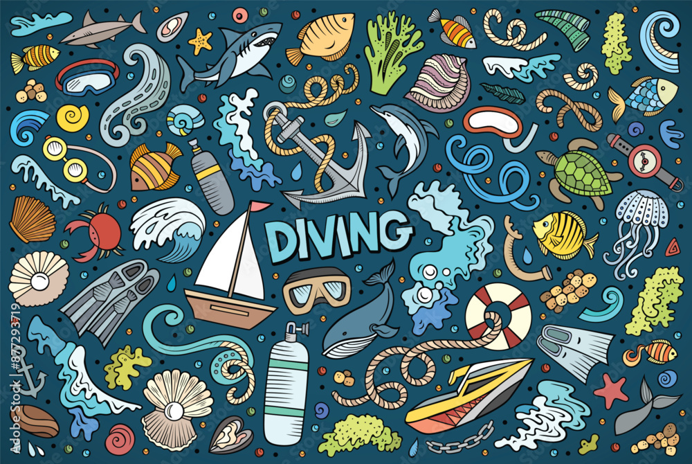 Fototapeta premium Cartoon set of Diving theme items, objects and symbols