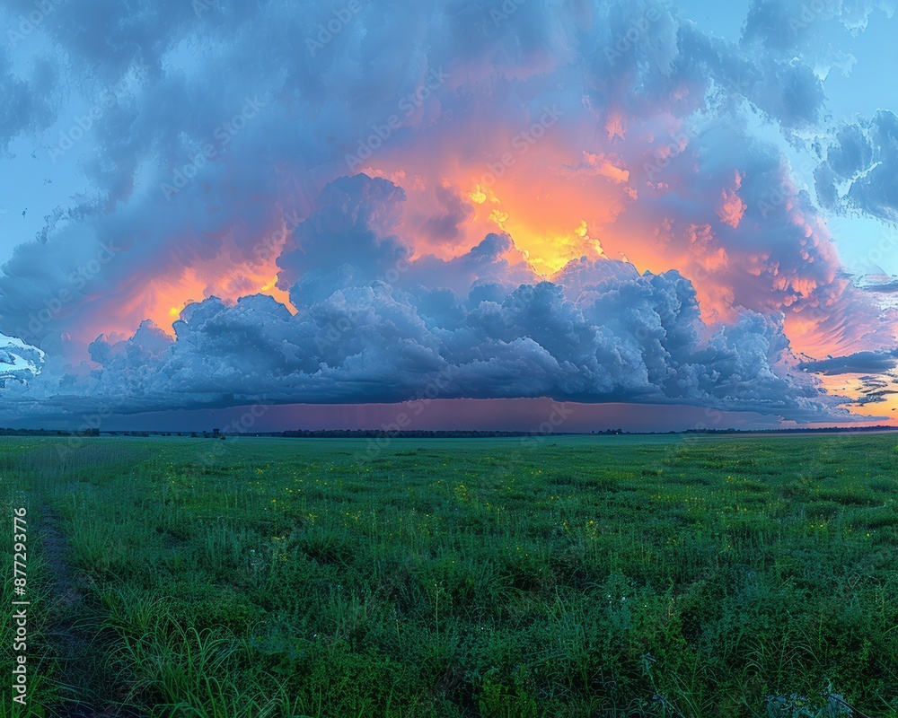 Fototapeta premium Dramatic Panoramic View of Thunderstorm Rolling In Over Landscape