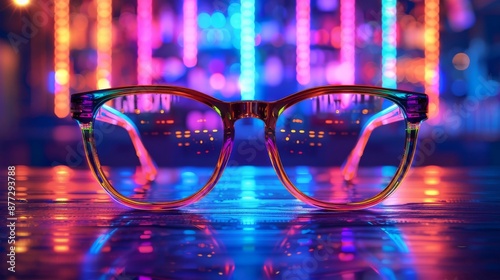 Brown eyeglasses reflecting vibrant neon lights, creating a colorful and abstract background. photo