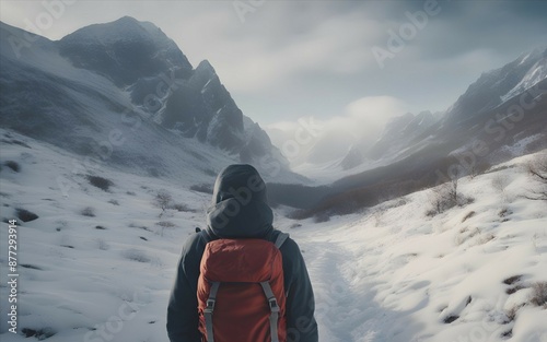 A hiker on the trail to the top of mountain.