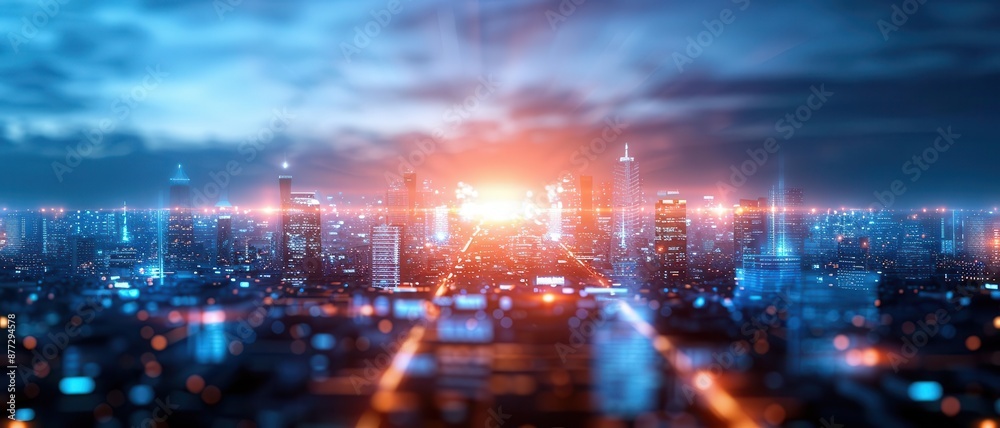 Obraz premium Futuristic cityscape with a bankruptcy notice, economic downfall