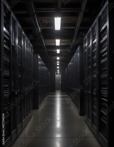 A long, dark hallway lined with server racks and equipment, creating a moody, industrial atmosphere © aicha