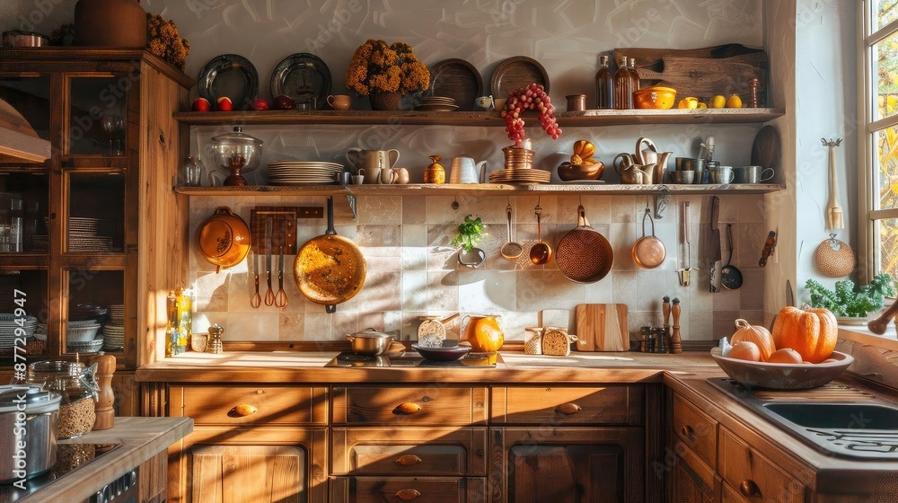 Cozy rustic kitchen interior with wooden cabinets, shelves, kitchenware, and warm sunlight streaming through the window. Cozy rustic kitchen interior with wooden cabinets, shelves, kitchenware, and warm sunlight streaming through the window.