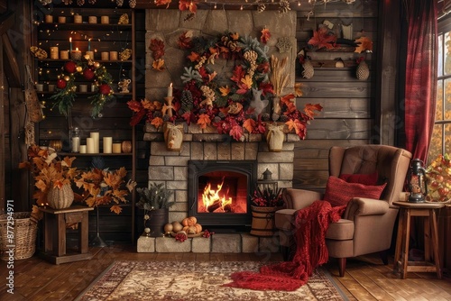 Cozy autumn living room with fireplace, fall decorations, candles, and rustic furniture creating a warm and inviting seasonal atmosphere.