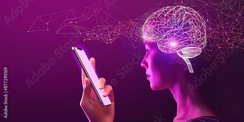 Close up of female hand holding mobile phone with polygonal head outline with brain on purple background. Artificial intelligence, innovation and machine learning concept