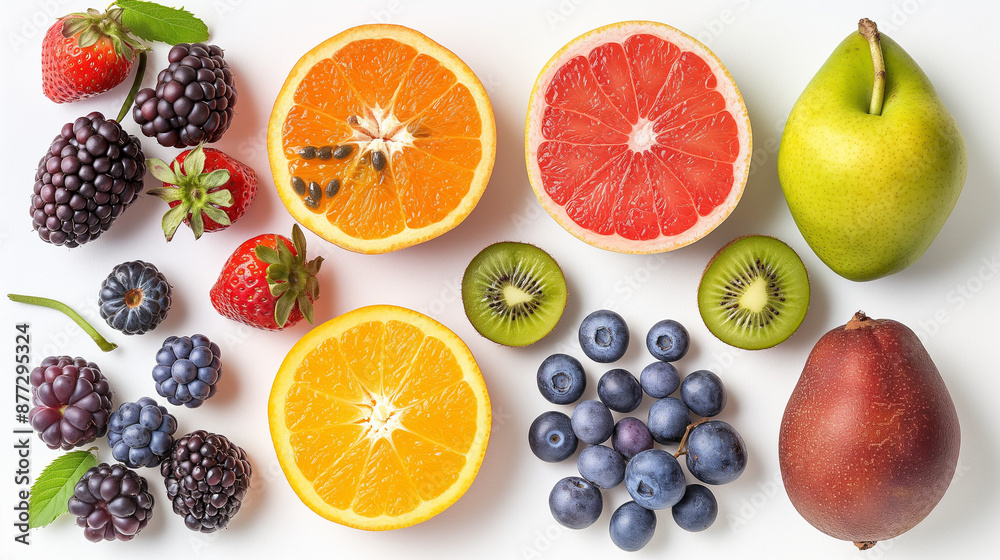 Fruits that are beneficial for health, along with accessories and healthy food ingredients isolated on a white background. Top view. Copy space for text. Generative AI Illustrations. Fruits that are beneficial for health, along with accessories and healthy food ingredients isolated on a white background. Top view. Copy space for text. Generative AI Illustrations.