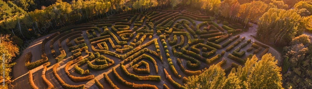 Aerial view of a large, intricate hedge maze in the midst of lush trees, captured in the warm glow of sunset. Aerial view of a large, intricate hedge maze in the midst of lush trees, captured in the warm glow of sunset.