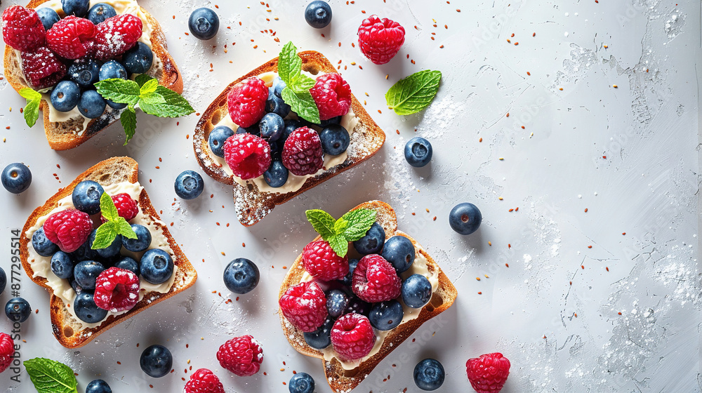 National French Toast Day concept. Delicious of French toast with fresh strawberries, blueberry, and berries on white background. French toast with fresh fruits. Copy space area for text National French Toast Day concept. Delicious of French toast with fresh strawberries, blueberry, and berries on white background. French toast with fresh fruits. Copy space area for text
