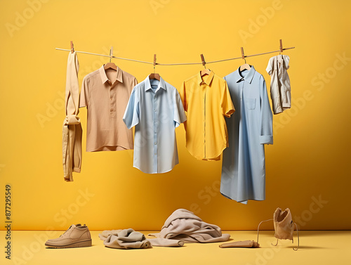 Laundry service, Ironing on clothes, hygiene and cleaning clothes on washing machine, Housekeeping lifestyle, housework concept, Laundry and dry cleaning business