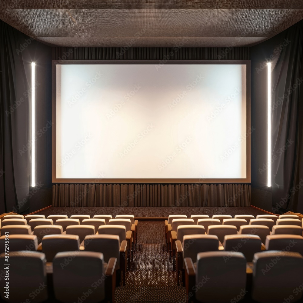 Fototapeta premium Empty movie theater with rows of seats facing a large blank screen.