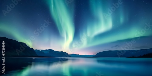 Aurora borealis reflects in still water vibrant ribbons dance across night sky. Concept Topics, Aurora Borealis, Night Sky, Reflections, Vibrant Colors, Natural Phenomenon, © Anastasiia