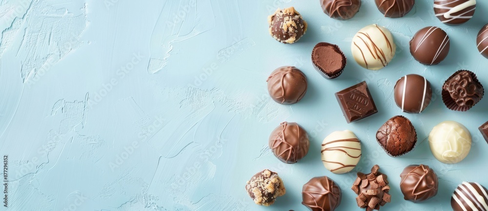 Obraz premium Fantasy background with various chocolate pralines on a light blue color