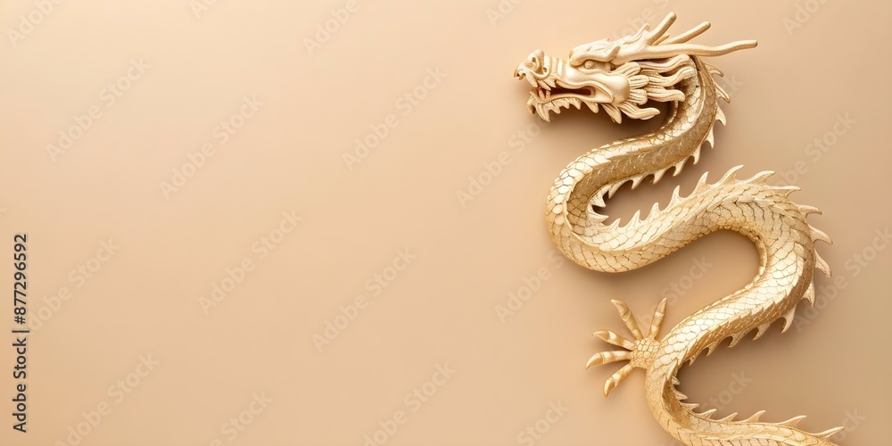 Fototapeta premium Golden dragon images in Chinese and Japanese style on pastel gold background. Concept Golden Dragons, Chinese Art, Japanese Design, Pastel Gold Background
