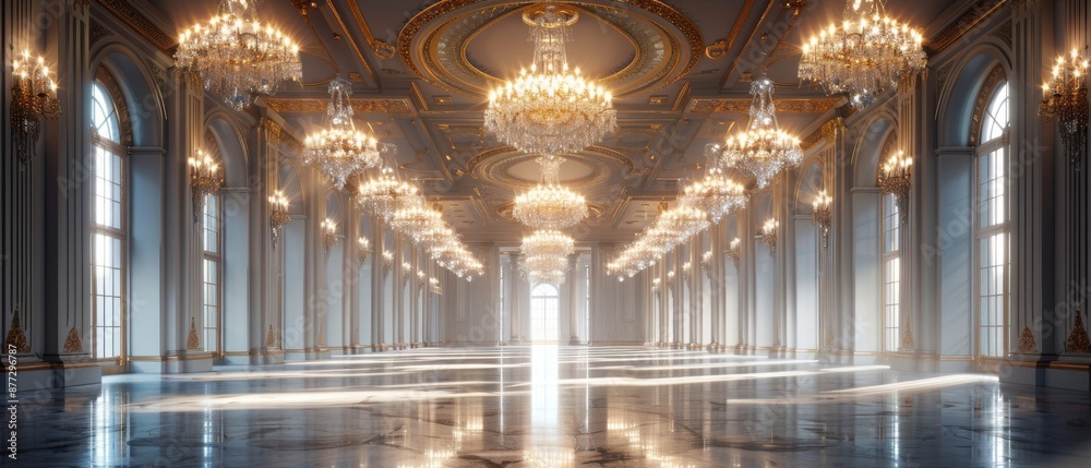 Obraz premium Grand hall with chandeliers and marble floors.