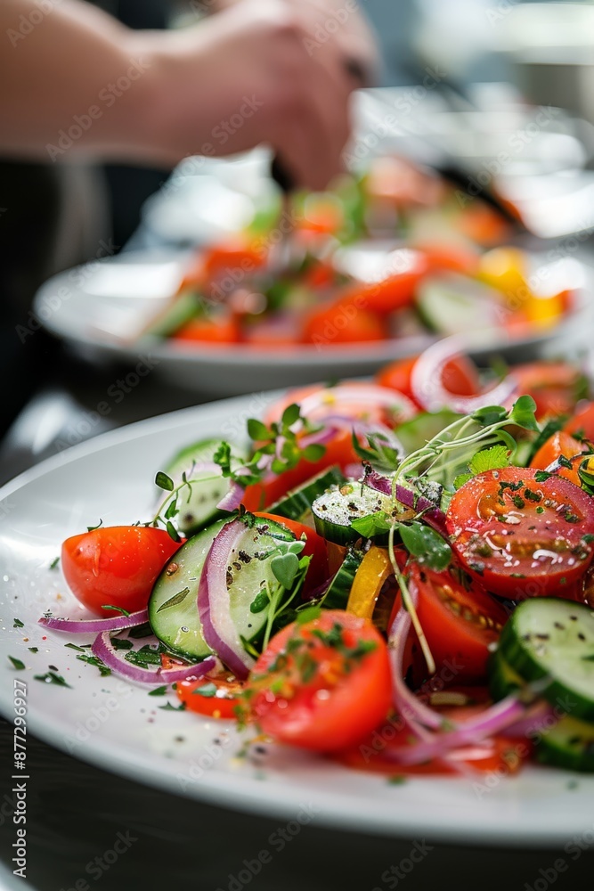 Fresh Tomato Salad with Cucumbers, Red Onions, and Herbs in Modern Kitchen Setting Fresh Tomato Salad with Cucumbers, Red Onions, and Herbs in Modern Kitchen Setting