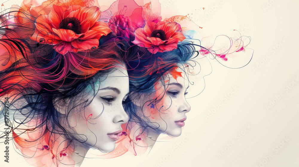Fototapeta premium A vibrant, artistic profile of a woman with flowing hair intertwined with large, colorful flowers, set against a soft, abstract background, conveying a sense of beauty and creativity.