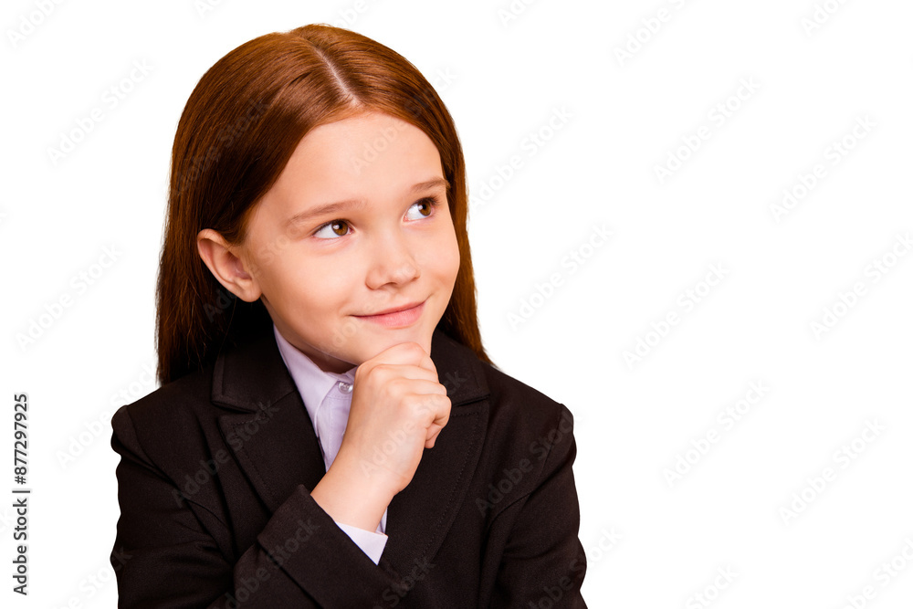 Close-up portrait of her she nice attractive lovely dreamy cheerful cheery sweet pre-teen girl wearing formal wear science knowledge learning isolated over beige pastel background Close-up portrait of her she nice attractive lovely dreamy cheerful cheery sweet pre-teen girl wearing formal wear science knowledge learning isolated over beige pastel background