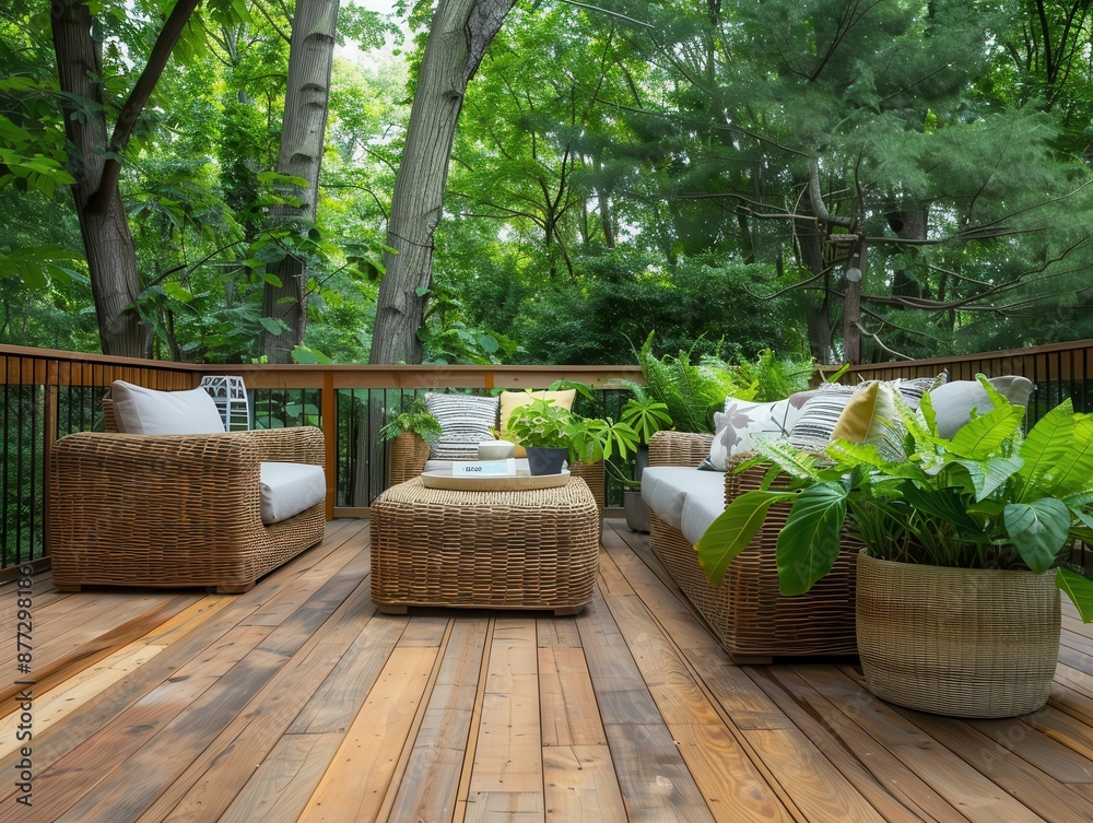 Fototapeta premium contemporary outdoor lounge with wooden deck and wicker furniture cozy seating area framed by lush greenery creates inviting backyard retreat