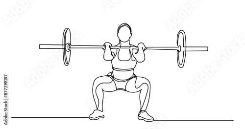 Woman Fitness workout exercise Continuous line drawing of a girl lifting a heavy-weight barbell.Female bodybuilder doing exercise in the gym center.Healthy lifestyle concept.

