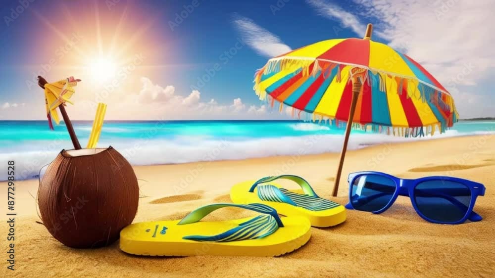 Sunny beach scene with a colorful umbrella and chair for summer relaxation Sunny beach scene with a colorful umbrella and chair for summer relaxation