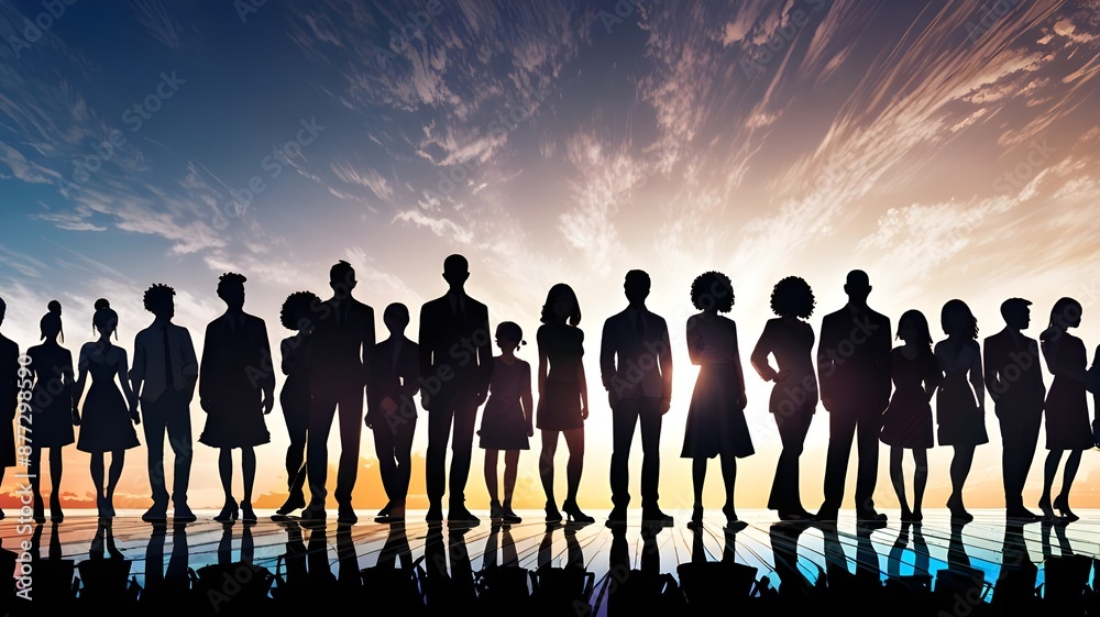 Colorful aquatic silhouette of different people walking towards unity and diversity concept. Colorful aquatic silhouette of different people walking towards unity and diversity concept.