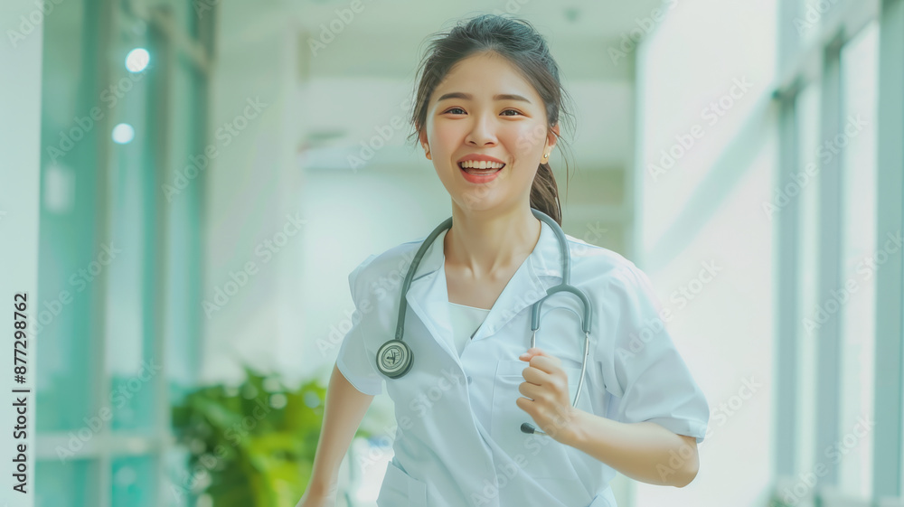 the thai female doctor is running, smile face, in hospital,generative ai the thai female doctor is running, smile face, in hospital,generative ai