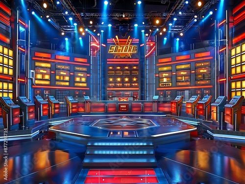 Game Show Set: An elaborate game show set with podiums, buzzers, and a large audience area, ready for contestants to compete photo