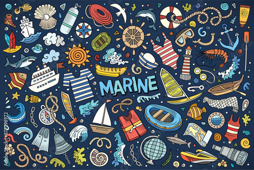 Vector doodle cartoon set of Marine theme items, objects and symbols