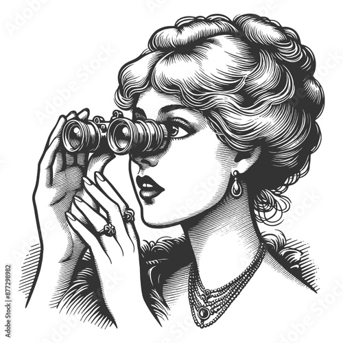 elegant Victorian woman using opera glasses, classic beauty and refined style sketch engraving generative ai fictional character vector illustration. Scratch board imitation. Black and white image.