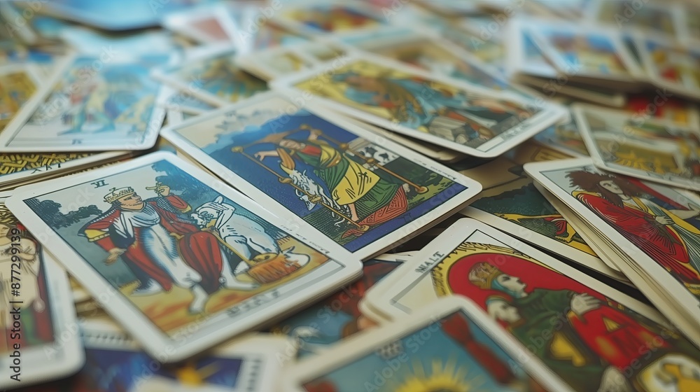 Tarot cards tumbling in slow motion, captured in crisp detail, each card showing different aspects of traditional tarot art, clean white background for a minimalist effect, subtle Tarot cards tumbling in slow motion, captured in crisp detail, each card showing different aspects of traditional tarot art, clean white background for a minimalist effect, subtle