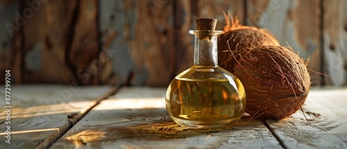 Glass bottle filled with golden coconut oil sits on a rustic wooden table, Two whole coconuts are arranged around the bottle, The warm lighting and simple composition highlight the purity and nature. photo