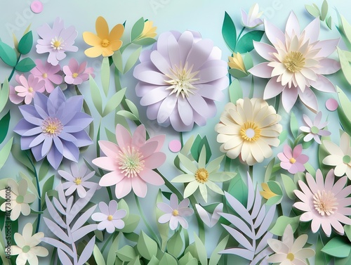 delicate papercut spring flowers in pastel hues arranged to create depth and dimension soft shadows and intricate details evoke a fresh whimsical atmosphere with ample negative space