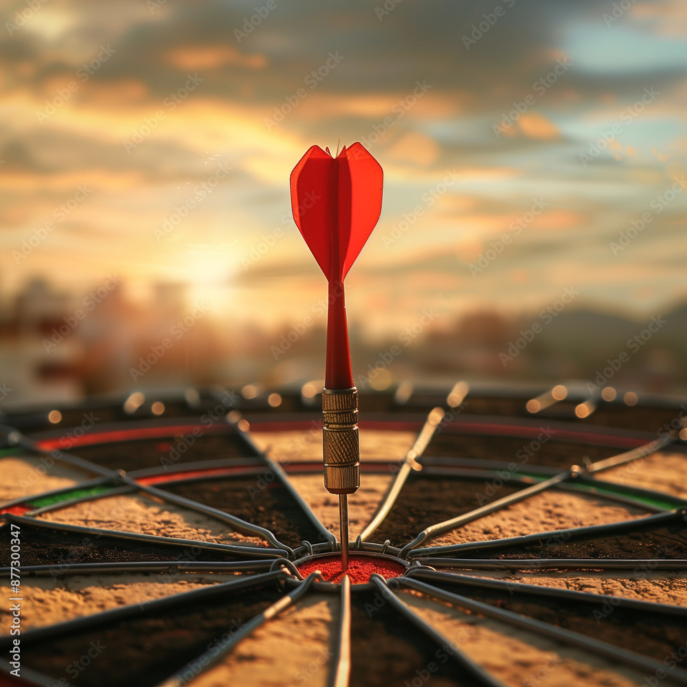 Red Dart Hitting Bullseye on Dartboard with Sunset Background Red Dart Hitting Bullseye on Dartboard with Sunset Background
