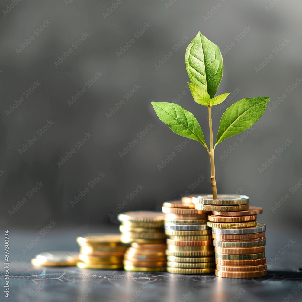 Growing Plant on Coin Stacks Symbolizing Financial Growth and Investment. Green Sprout on Money for Economic Sustainability and Business Success Growing Plant on Coin Stacks Symbolizing Financial Growth and Investment. Green Sprout on Money for Economic Sustainability and Business Success