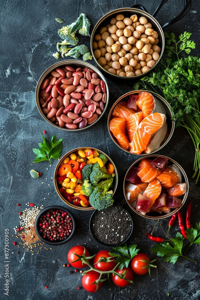 Canned vegetables, beans, fish and fruits in tin cans on a black stone background. Food supplies. view from above. Canned vegetables, beans, fish and fruits in tin cans on a black stone background. Food supplies. view from above.