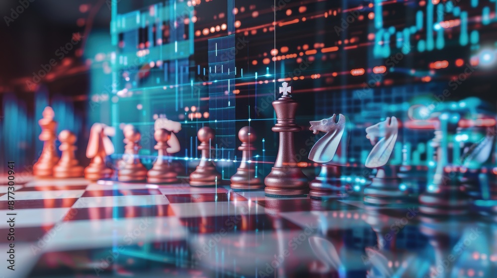 custom made wallpaper toronto digitalChessboard integrated into a digital screen showing business metrics, double exposure, technology and strategy